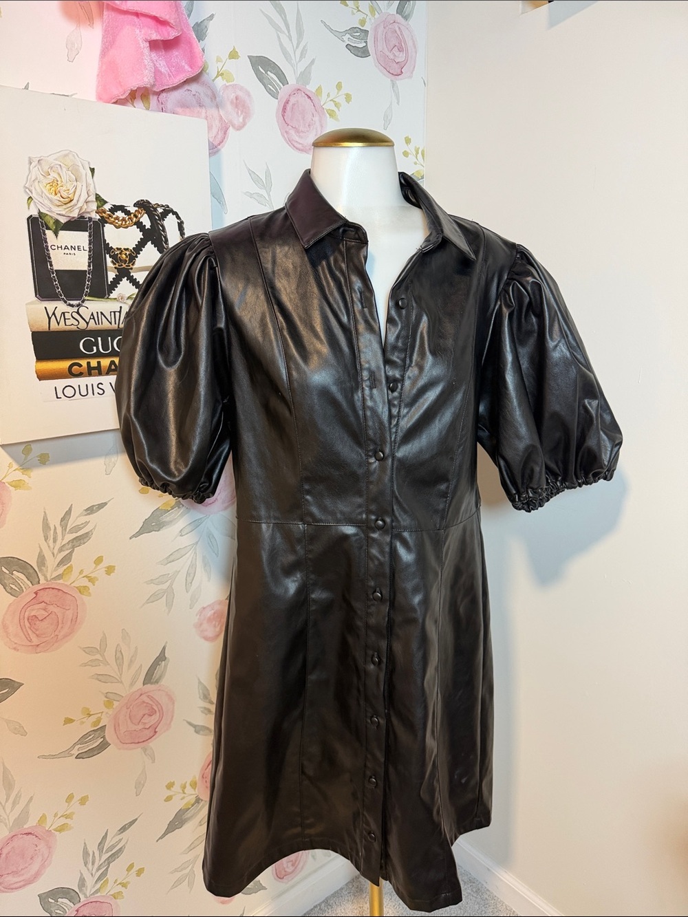 THML Faux Leather Puff-Sleeve Dress - Black